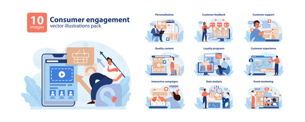 Consumer Engagement Vector Illustrations set. A collection showcasing diverse strategies for customer interaction, including personalization, feedback, and support.