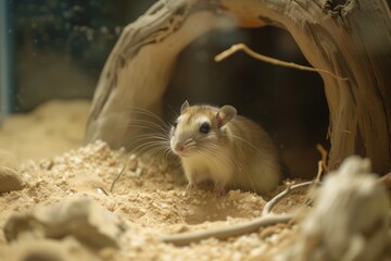 gerbil emerging from a burrow in a sandy terrarium habitat
