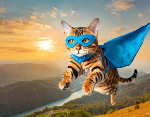 Obraz premium Cool Cat, Superhero cat is flying trough the air with a blue and red cape, funtatic, fantasy, power, powercat