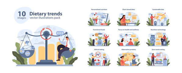 Dietary Trends Vector Illustrations Pack. A contemporary depiction of modern nutrition concepts including personalized diets, plant-based eating, sustainable choices, tech in nutrition. Flat vector.