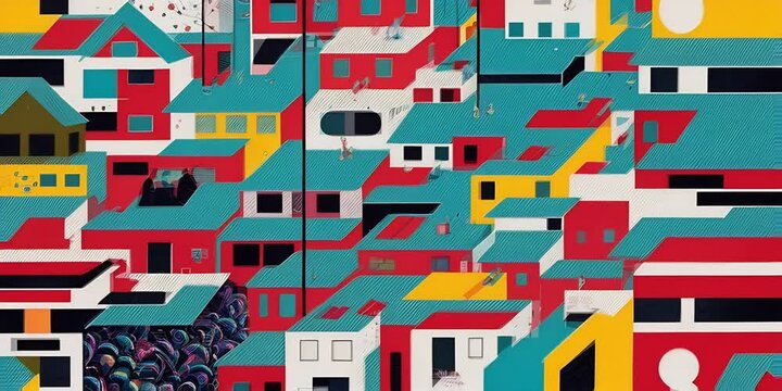 colorful minimalist 4k background  animation in a cute and simple style retro style. Colorful house ,animation with illustrations transformations. AI generated vid