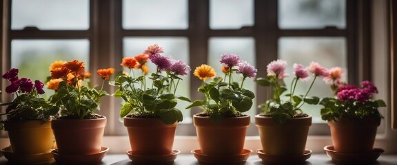 Fototapeta na wymiar Colorful flowerpots lined up in front of a window.