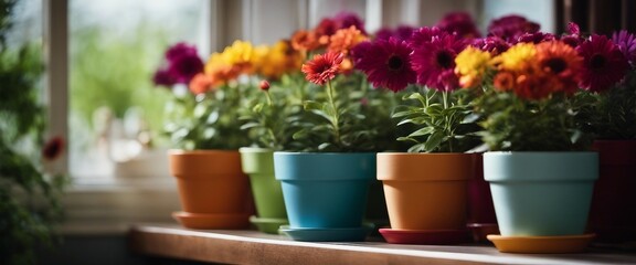 Fototapeta na wymiar Colorful flowerpots lined up in front of a window.