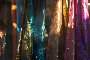 shimmering scarves catching sunlight in a store window display - obrazy, fototapety, plakaty