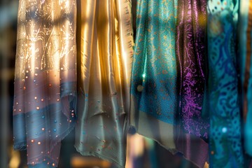 shimmering scarves catching sunlight in a store window display - obrazy, fototapety, plakaty