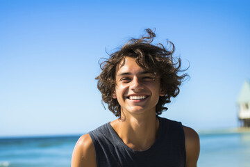 Fototapeta na wymiar A Radiant Youth: Teenage Boy with Braces and Wavy Black Hair, Reveling in the Joy of a Sunny Beach Day