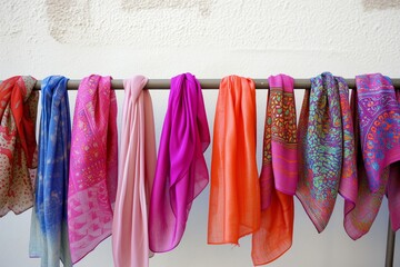 a row of colorful spring scarves on a metal stand against a white wall