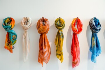 set of handpainted scarves showcased on individual wall hooks