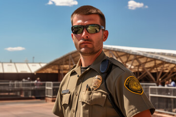 A vigilant Customs and Border Protection Officer keeping a watchful eye at a busy border checkpoint under the blazing sun - obrazy, fototapety, plakaty