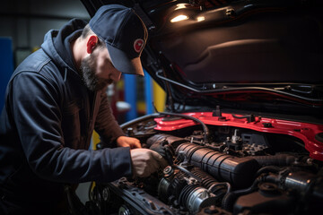 A professional Motor Vehicle Inspector engrossed in the detailed inspection of a car engine in a well-equipped garage