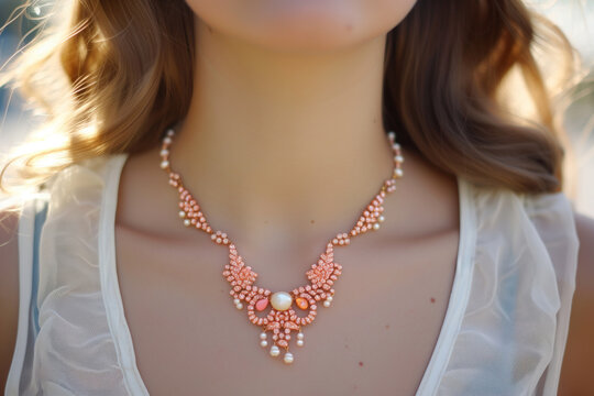 woman wearing peach statement necklace