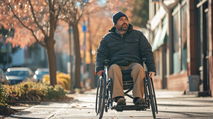 Handicapped or old adult man navigates a sidewalk in an electronic wheelchair, city lights in the backdrop Quality of life and impairment concept. - obrazy, fototapety, plakaty