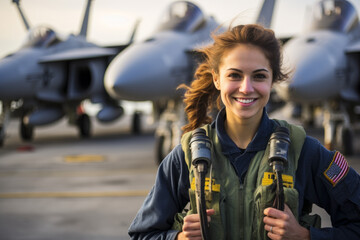 Fototapeta na wymiar A Glimpse into the Life of a Brave Female Crew Member on an Aircraft Carrier, Surrounded by Fighter Jets