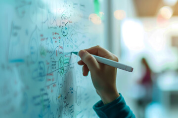 A hand drawing a diagram on a whiteboard, lose up of hand drawing scheme on white board xplaining complex ideas during a presentation.