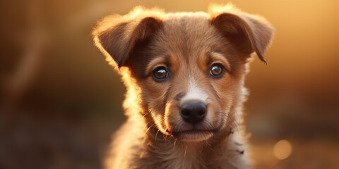 A puppy posing in front of a great light with a defocused background .