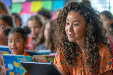 Young, enthusiastic teacher woman engages with her students, displaying a digital tablet, with a group of diverse, attentive children blurred in the background in a colorful classroom setting
