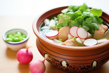 pozole in a ceramic bowl with radish and oregano on top