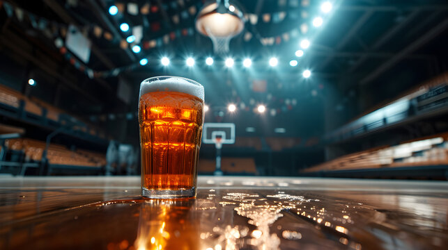 Cinematic wide angle photograph of a beer pint glass ar a basketball court. Product photography.