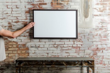 hand positions an empty frame on a brick wall above a metal console table