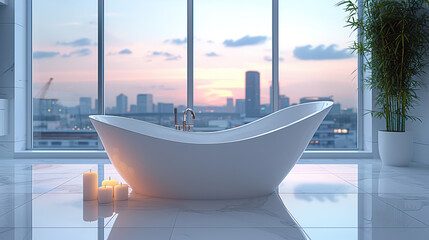 White bathtub with candles near the Panoramic window, Rose petals, Romantic setting, minimalism, bright bathroom, bathroom design