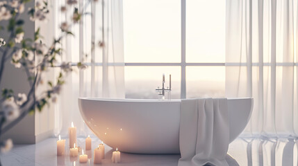 Fototapeta premium White bathtub with candles near the Panoramic window, Rose petals, Romantic setting, minimalism, bright bathroom, bathroom design