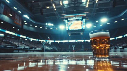 Cinematic wide angle photograph of a beer pint glass ar a basketball court. Product photography. - obrazy, fototapety, plakaty