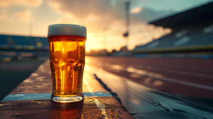 Cinematic wide angle photograph of a beer pint glass at a running track. Product photography.