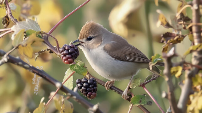 Eurasian blackcap female with blackberry, Sylvia atricapilla, birds of Montenegro.