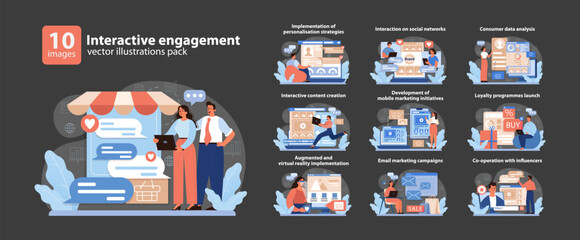 Interactive Engagement Vector Set. A collection showcasing diverse digital marketing strategies and customer engagement techniques. Includes social media, data analysis, and VR. Flat vector.