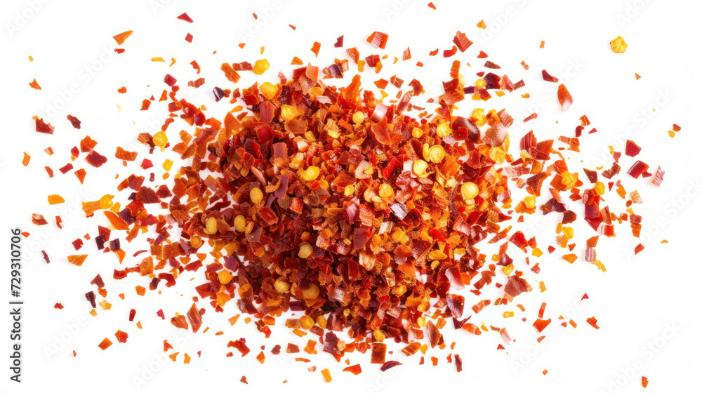 Wall mural spicy chili red pepper flakes, chopped, milled dry paprika pile isolated on white background.