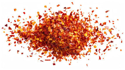 Spicy chili red pepper flakes, chopped, milled dry paprika pile isolated on white background.
