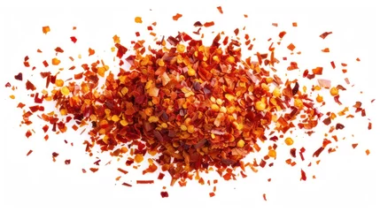 Afwasbaar Fotobehang Hete pepers Spicy chili red pepper flakes, chopped, milled dry paprika pile isolated on white background.