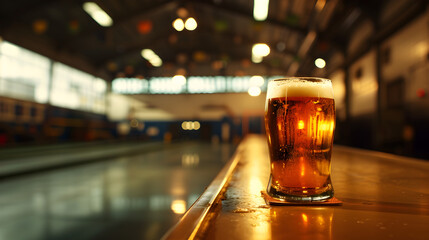 Cinematic wide angle photograph of a beer pint glass at an olympic gymnasthics venue. Product photography. - obrazy, fototapety, plakaty