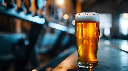 Cinematic wide angle photograph of a beer pint glass at an olympic gymnasthics venue. Product photography.
