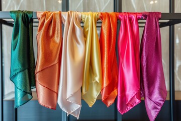 glistening silk scarves arranged by color spectrum on a modern rack