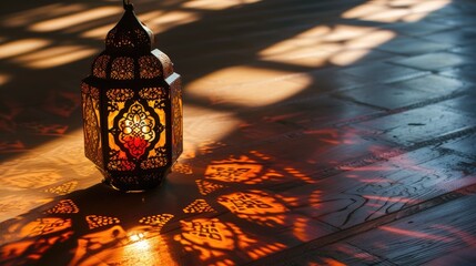 Fototapeta na wymiar Illuminated Islamic lanterns with shadows and natural light. Moroccan lanterns. Glittering party garlands. Ramadan kareem, Eid Mubarak. Eastern holiday design