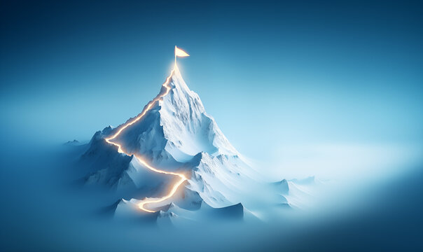 Road going to flag on mountain top, Business goals achievement concept