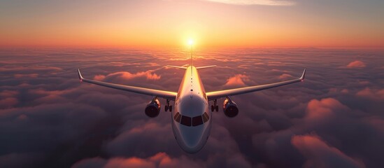 Gorgeous aircraft. Passenger airplane flying above clouds at sunset. Landing. Business travel.