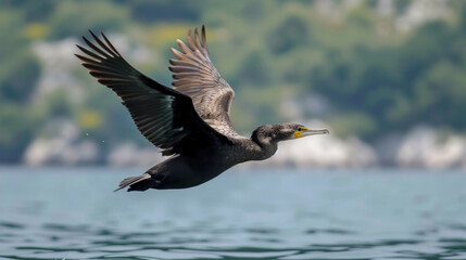 Great cormorant in flight, Phalacrocorax carbo, birds of Montenegro.