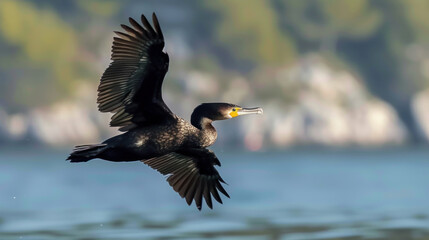 Great cormorant in flight, Phalacrocorax carbo, birds of Montenegro.