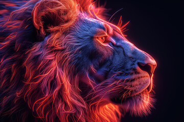 A majestic lion's profile is dramatically illuminated in neon blue and red hues, enhancing its regal and powerful demeanor.