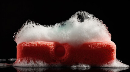 Soap foam with bubbles and red sponge isolated on black, side view.