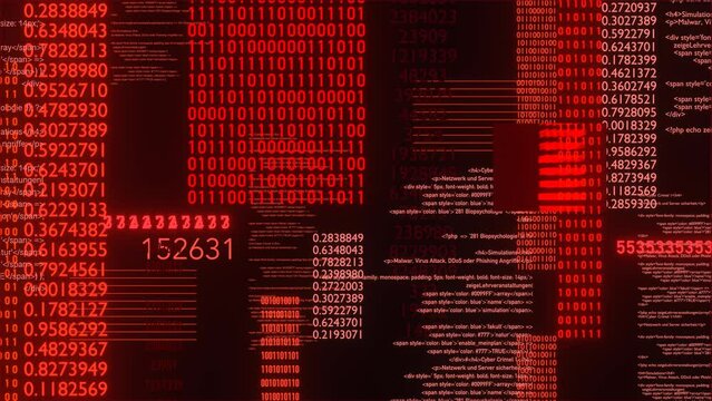 Hacked computer system. Red computer screen with binary code and data. System alert, cyber attack, chaos on the screen. Flickering data and information.