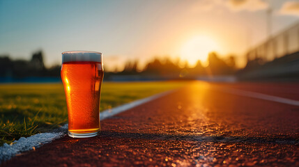 Cinematic wide angle photograph of a beer pint glass at a running track. Product photography. - obrazy, fototapety, plakaty