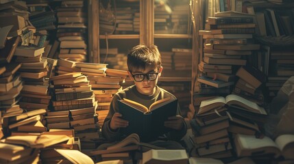 AI-generated illustration of a young boy engrossed in reading amidst a myriad of books
