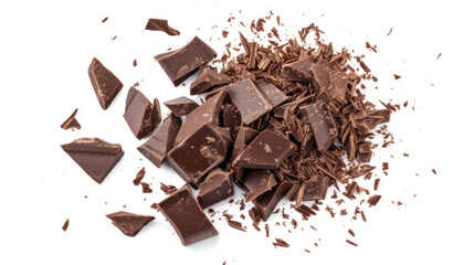 Pile scraped, milled dark chocolate shavings, 70 percent cocoa, isolated on white background, top view.