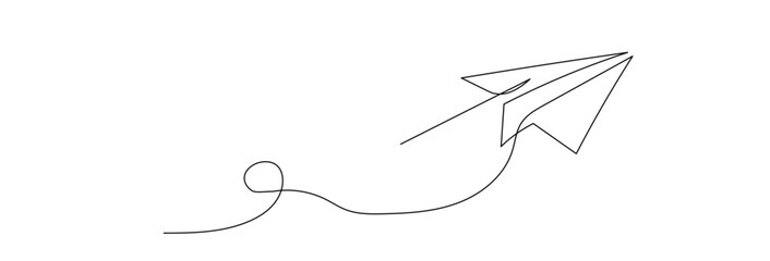 Continuous one line drawing of flying up paper plane. Creative business concept for startup and freedom and travel of craft airplane in simple linear style. Editable stroke. Doodle vector illustration