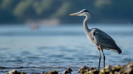 Gray Heron on seaside, Ardea cinerea, birds of Montenegro.