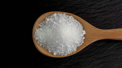 Fototapeta na wymiar White crystal sugar in wooden spoon isolated on black, top view.