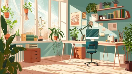 Sunny Home Office with Green Plants and Modern Decor
